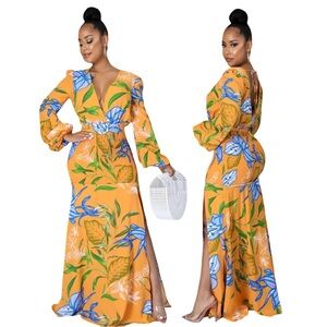 NWT THE SANG Tropical Floral Maxi Dress Plunge Neck Long Sleeve Vacation S